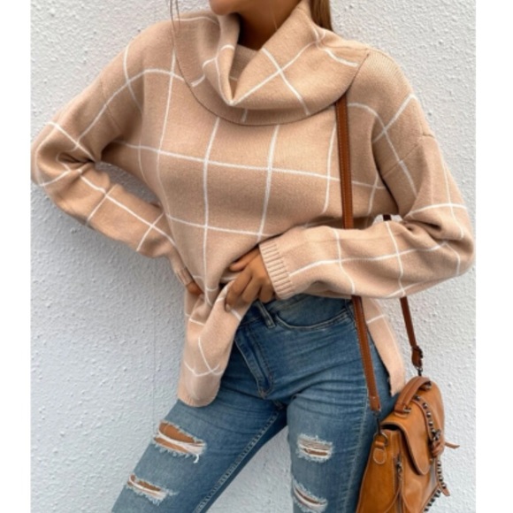 Boho Cozy Stripes Turtleneck Knit Sweater Top Apricot - Picture 5 of 6